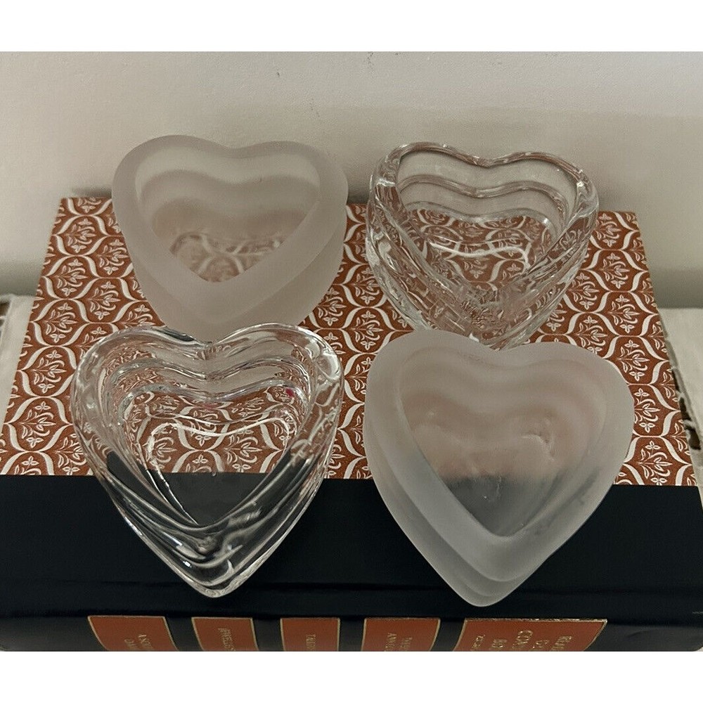 4 Clear & Frosted Glass Heart Shaped Trinket Holders Salt Cellars Catchall Dish